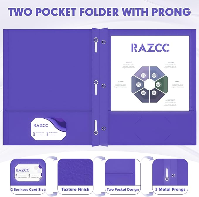 Two Pocket Folders, RAZCC 75 Pack Two Pocket Folders with Prongs, 3 Prong Folders Fit Letter Size Paper, Pocket File Folders for School Office Home Business, Purple