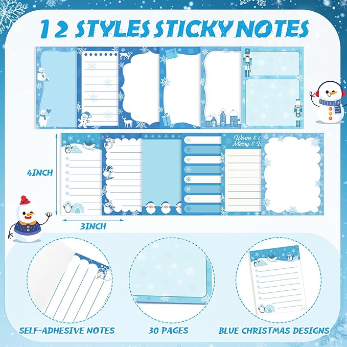 24 Pcs Blue Christmas Sticky Notes with Pens Winter Themed Gifts Self Adhesive Notepad Cute Memo Note Pads Black Ink Ballpoint Pen for Holiday Gifts Office School Student Teacher Supplies