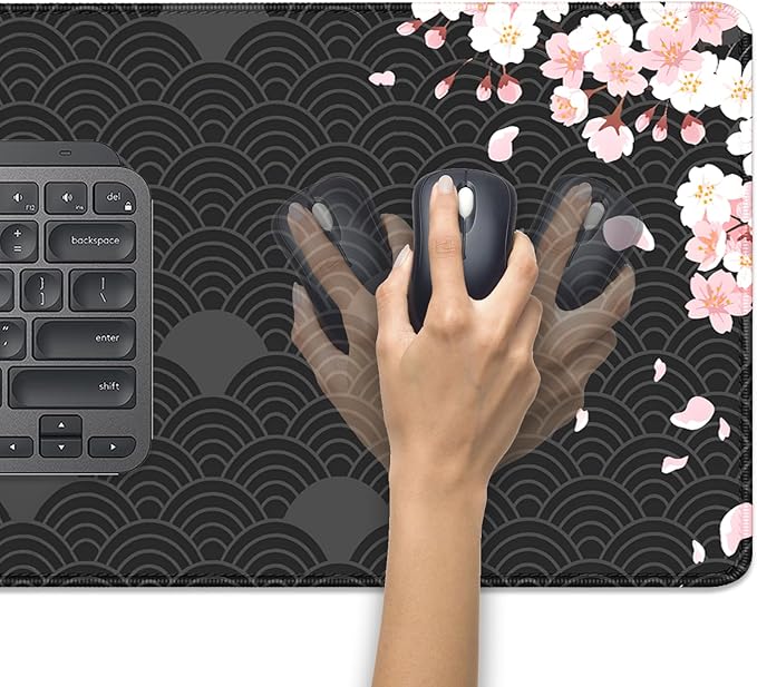 Black Watercolor Cherry Blossom Desk Pad Mouse Pad,Large Gaming Mouse Mat with Stitched Edges,Non-Slip Waterproof Rubber Base Mousepad for Office Work Home Desk Mat(27.5X11.8 in)