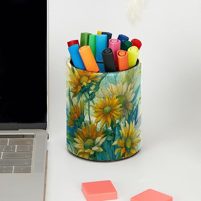 Watercolor Art Sunflower PVC Leather Circular Pencil Holder for Desk Organizer Stationery Holder for Office, School(3.9 x 3.1 Inches)