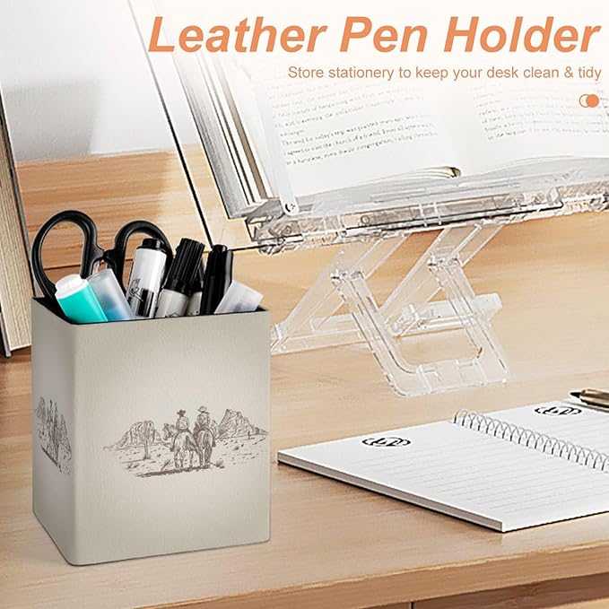 Square Pen Holder & Pencil Organizer for Desk - Office Storage Organizer , Markers/Makeup Brushes/Scissors Holder, Compact Desk Decor Accessories for Home Classroom School(Western Desert Cowboy)