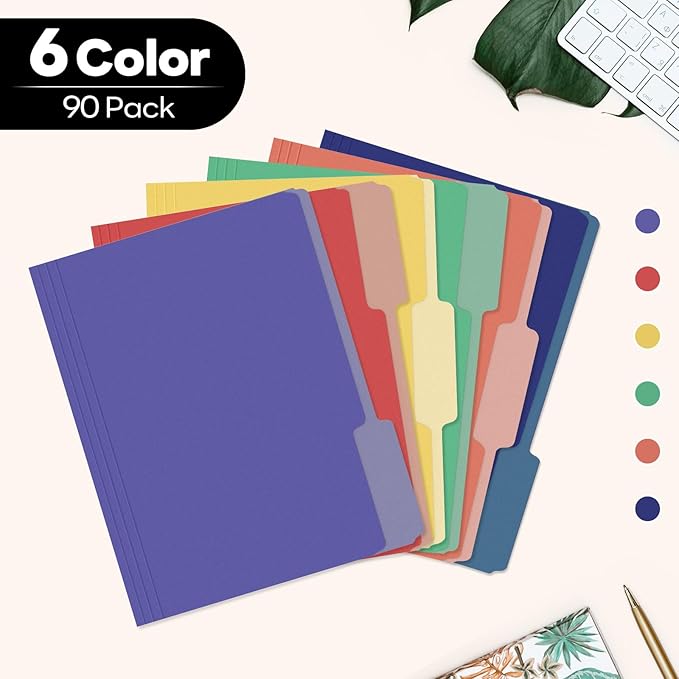 Piasoenc Color File Folders Set of 90, 1/3 Cut Tab, Letter Size Folder for 8.5 x 11 Documents Files, Assorted 6 Colors Filing for Office School Business