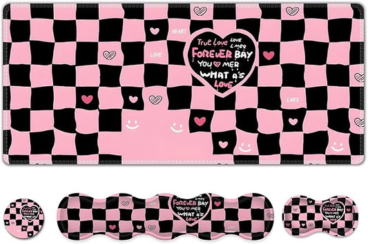 Desk Mat Gaming Mouse Pad, Cute Desk Matt Keyboard Wrist Rest for Desktop, Anti-Slip Big Mousepad Stitched Edges, XXL Large Mouse Pad with Wrist Support for Home Office I Pink Black True Love