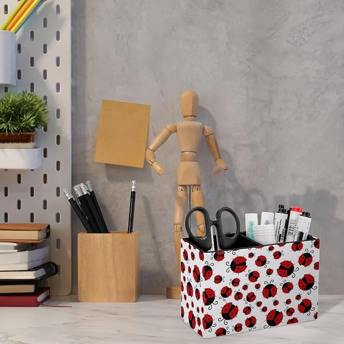 Pen Holder, Pencil Holder for Desk Organizer, Summer Red Ladybugs PU Leather Pencil Cups Desktop Stationery Storage Makeup Brush Holder Pen Organizer for Office Home