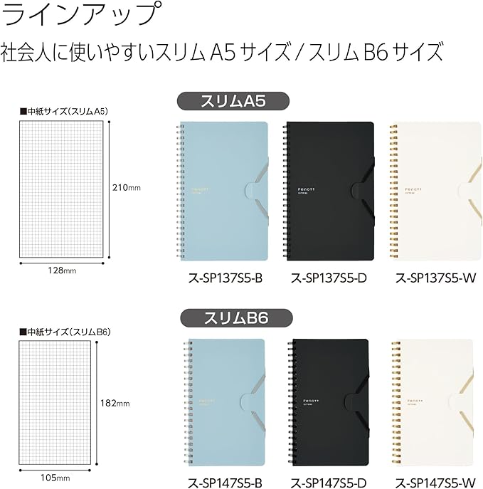 KOKUYO Grid Spiral Journal Notebook, Penott A5 Soft Ring Graph Paper Notebook with 70 Smooth Sheets, 5.7'' x 8.3'' Small Journaling Notebook with Plastic Hardcover, Black, Japan Import. (SU-SP137S5-D)