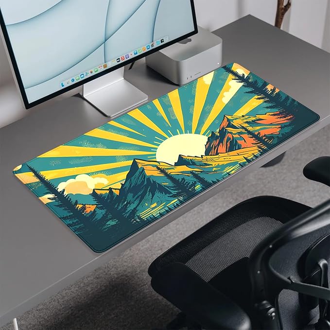 Sun Rays Mountains Forest Desk Pad Mouse Pad,Large Gaming Mouse Mat with Stitched Edges,Non-Slip Waterproof Rubber Base Mousepad for Office Work Home Desk Mat(27.5X11.8 in)