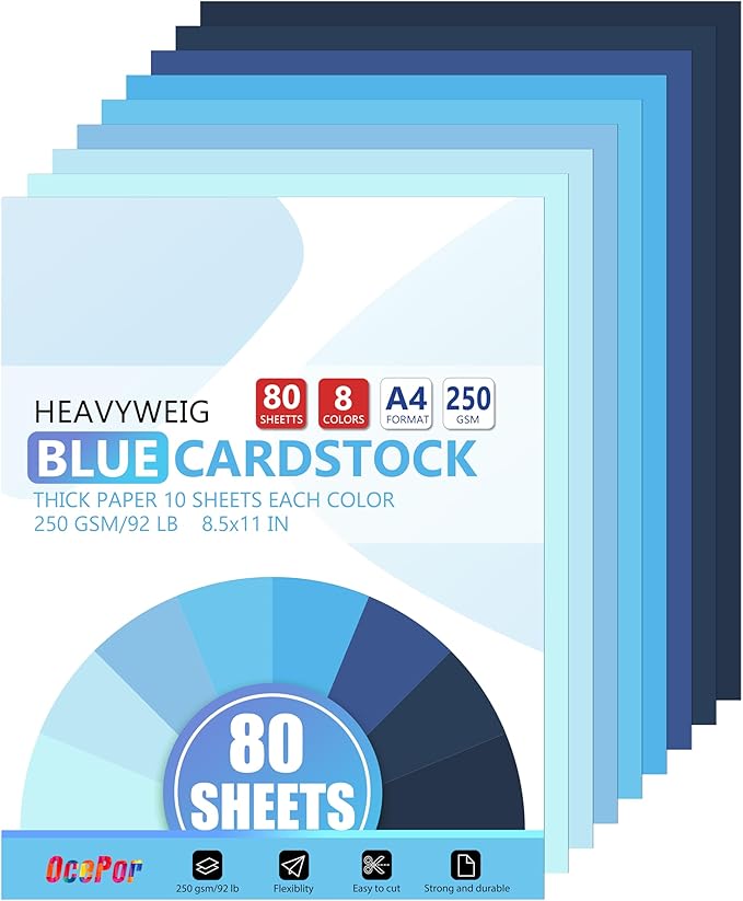 OcePor 80 Sheets Blue Cardstock Paper, Colored Printer Paper 8.5 x 11, Thick Construction for Cards Making, Scrapbook，Office Printing, Invitations, Certificates，DIY Crafting 92 lb/250gsm