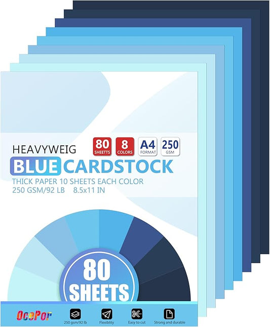 OcePor 80 Sheets Blue Cardstock Paper, Colored Printer Paper 8.5 x 11, Thick Construction for Cards Making, Scrapbook，Office Printing, Invitations, Certificates，DIY Crafting 92 lb/250gsm