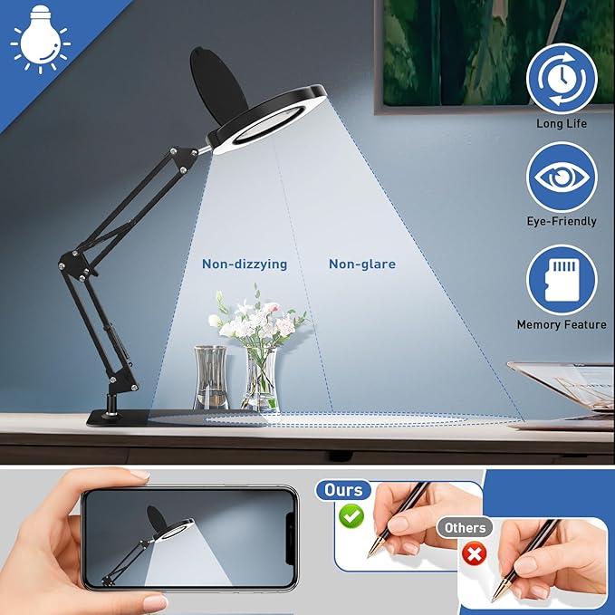 15X Desk Magnifying Glass with Light and Stand,Real Glass EyeCare LED Lighted Magnifier,5 Color Modes Stepless Dimmable,Hands Free 2-in-1 Desk Lamp for Craft Reading Painting Hobby Close Work