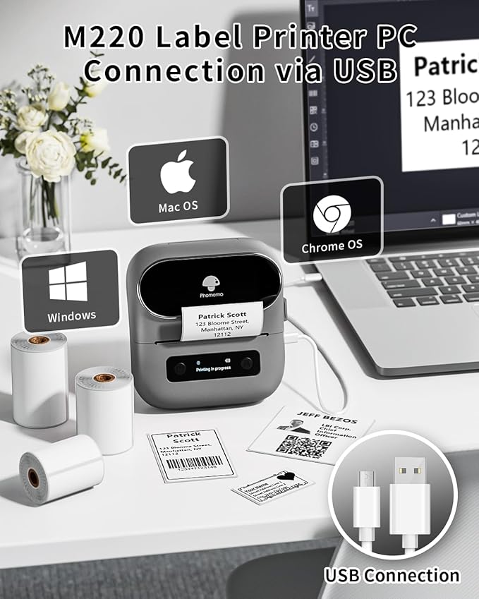 Phomemo Label Printer, M220 Thermal Bluetooth Barcode Label Maker, for Home, Office, School, Compatible with Phone & Laptop