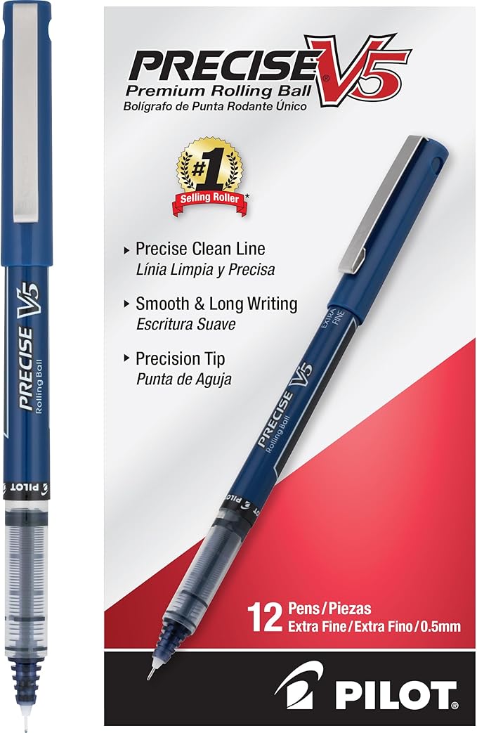 Pilot Precise V5 Rollerball Pens, Extra Fine Point 0.5 mm Navy Pens, Navy, Pack of 12 - Ideal for School, Journaling & Office Writing