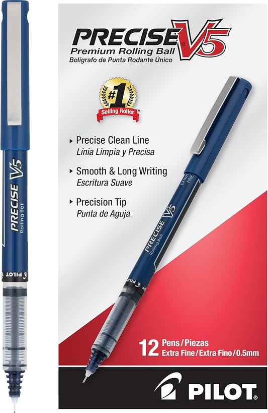 Pilot Precise V5 Rollerball Pens, Extra Fine Point 0.5 mm Navy Pens, Navy, Pack of 12 - Ideal for School, Journaling & Office Writing