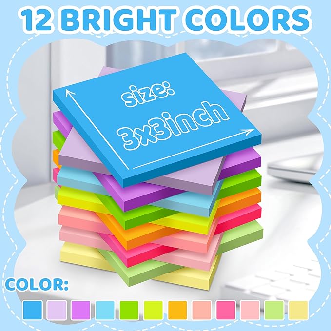 (24 Pads) Sticky Notes 3x3 in Post, 12 Bright Colors Self-Stick Note Pads it, Strong Adhesive, Easy to Post for Home, Office, Notebook