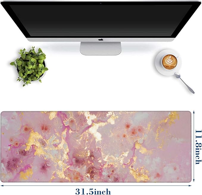 Pink and Gold Abstract Mouse Pad Desk Mat XL Large Gaming Mousepad Extended Computer Keyboard Mat with Non-Slip Rubber Base and Stitched Edge 11.8 x 31.5 Inch for Gaming and Office Work