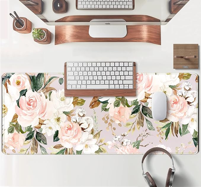 Pink Flowers Keyboard Pad PC Gaming Desk Mat Desk Mouse Pads Green Leaves Floral Mouse Pad Large, Computer XL Big Mousepad Deskpad Mat with Stitched Edge for Women Home Office Decor 31.5x11.8 in