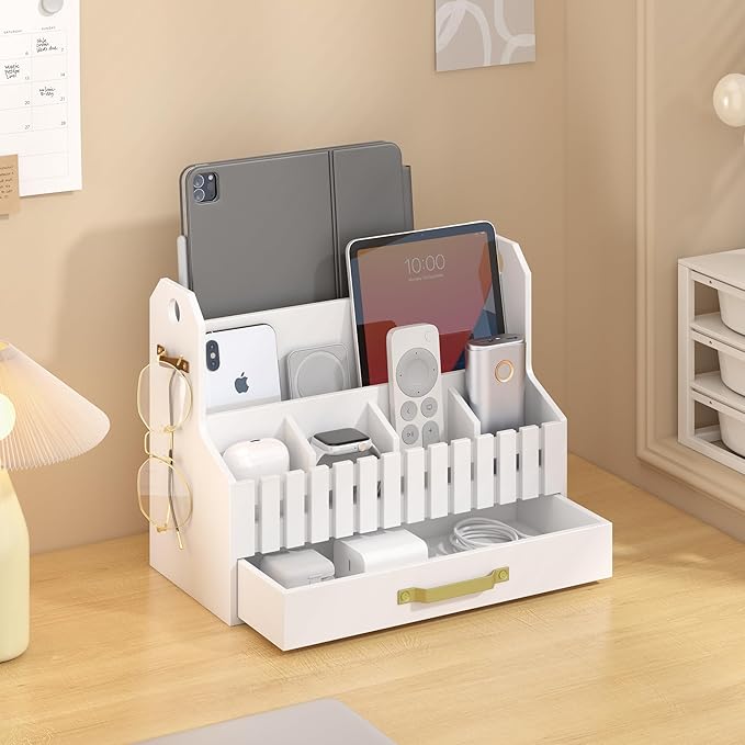 Bamboo Mail Organizer Countertop with Drawers, Wood Desk File Organizer Desktop Paper Organization Storage Bill & Letter Sorter Holder for School Home Office Supplies, No Assembly Required (White)