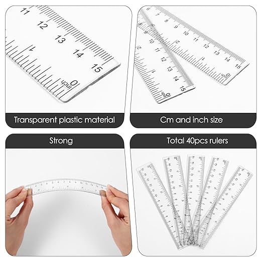 40Pack 6 Inch Rulers Bulk for Classroom Small Clear Plastic Ruler with Inches and Centimeters Class Set of Rulers Transparent Mini Flexible Straight Ruler for Students School Classroom Office Supplies