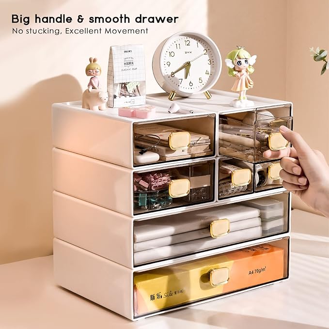 Stackable Desk Organizer with Drawer - 13" Wide Storage Drawer - Plastic Clear Desktop Organizer for Office, Classroom, Make Up (White, L-1 Drawer, 1 PACK)