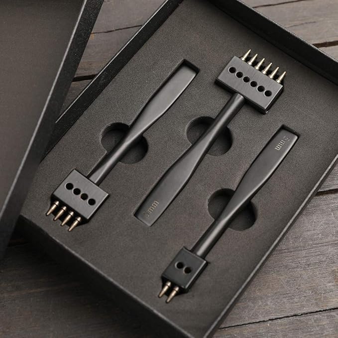 Leather Hole Punch, Prong Punch, Black Hole Punch Tool 5mm, 2/4/6 Lacing Stitching Punch, Round Hole Prong Stitching Chisel Set Leather Working Tools for Leathercraft