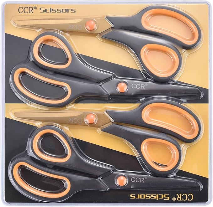 CCR Scissors 8 Inch Soft Comfort-Grip Handles Sharp Titanium Coating Blades, 4-Pack