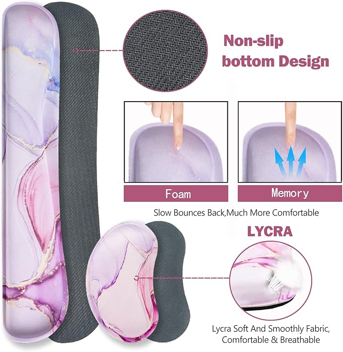 ARTSO Large Gaming Mouse Pad, Keyboard Wrist Rest Pad & Wrist Support Mousepad Set, Stitched Edge, Extended, Non-Slip Base, Memory Foam,Multifunctional Desk Mat for Office & Home, Purple Pink Marble
