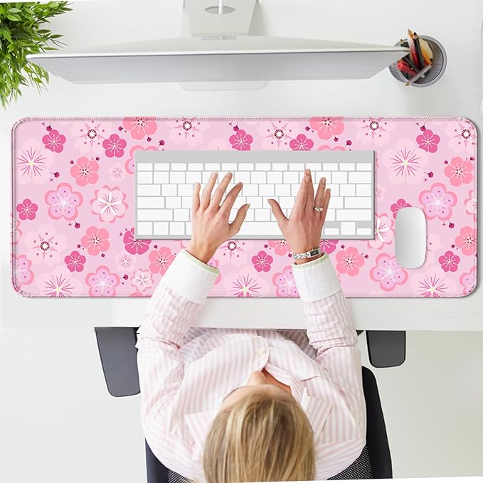 Japanese Pink Cherry Blossoms Gaming Desk Mat, Extended Large Minimalist Plant Aesthetic Mouse Pad, Computer Keyboard Laptop Mousepad for Work, Office and Home, XL