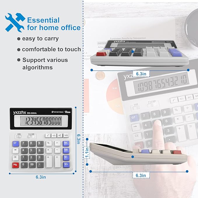 Desk Calculator 12 Digit Extra Large 4.3-Inch LCD Display, Two Way Power Battery and Solar Calculators Desktop, Big Buttons Easy to Press Used as Office Calculators for Desk White