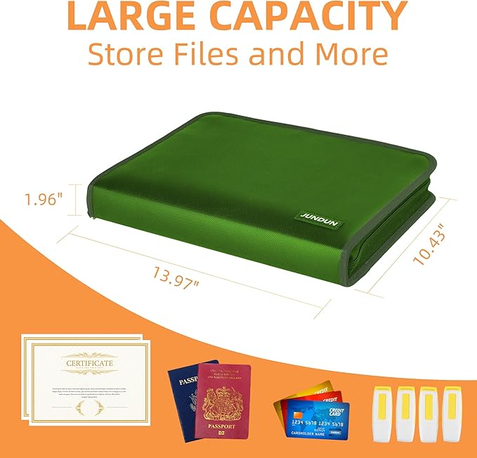 JUNDUN Accordion File Organizer - Fireproof Accordion Folder with Zipper & Labels - 12 Pocket Expanding File Folder with Multi-Pockets Paper Organizer Folder for Letter A4 Files More (Green)