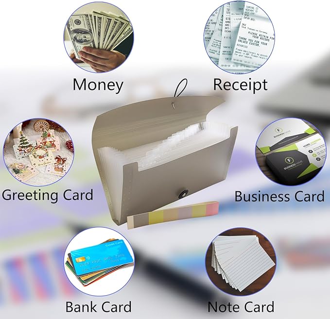 Small Accordion File Organizer - 13 Pocket Expanding Folder for Receipts, Bills, and Envelopes - Money Saving Binder (Black)