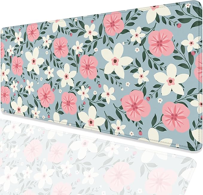 Retro White Pink Flowers Desk Pad Mouse Pad,Extended Large Gaming Floral Mouse Mat with Stitched Edges,Non-Slip Waterproof Rubber Base Mousepad for Office Work Home Desk Mat(27.5X11.8 in)