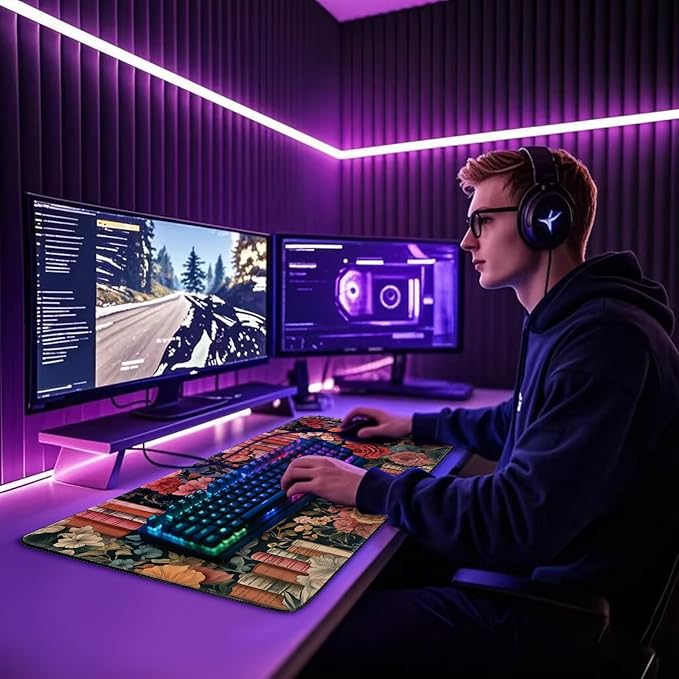 Vintage Library Floral Large Gaming Mouse Pad 31.5"x15.7"｜Books and Roses XXL Desk Mat, Non-Slip Rubber Base & Stitched Edges - Extended Waterproof Mousepad for PC/Laptop/Office/Home Decor