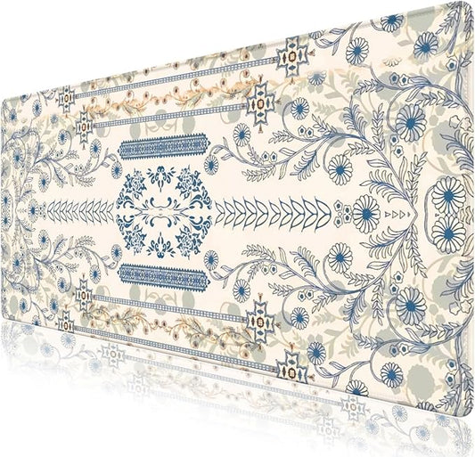 Beige Mouse Pad Desk Mat, Large Floral Desk Matt for Desktop, Cute DeskPad Mat, XXL Big Mouse Pad for Desks, Anti-Slip Mousepad with Stitched Edges, Keyboard Pad MouseMat Cover for Computer 35.4×15.7