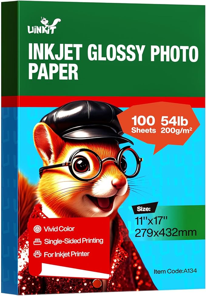 UinkitDouble Sided Photo Paper Glossy 8.5x11 54lbs Inkjet for Dye Ink 200Gsm Value Bulk Pack Picture 8.5 x 11 9.5Mil for Inkjet Printing Printer (100, 11x17)