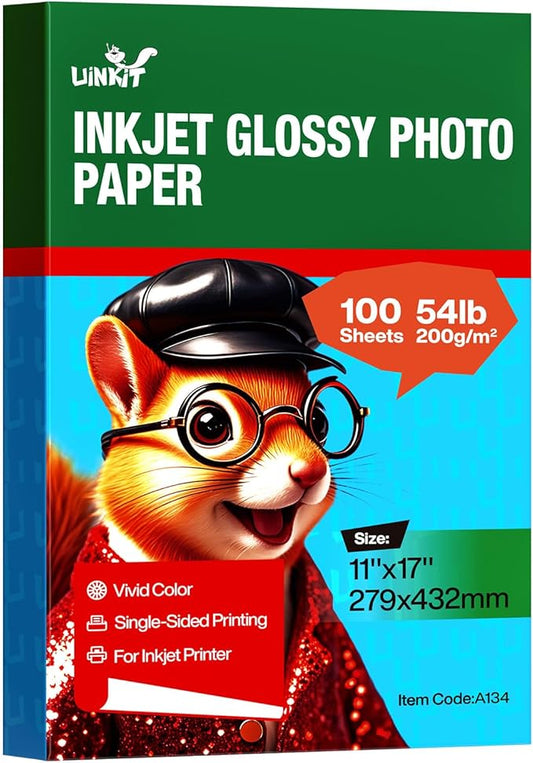 UinkitDouble Sided Photo Paper Glossy 8.5x11 54lbs Inkjet for Dye Ink 200Gsm Value Bulk Pack Picture 8.5 x 11 9.5Mil for Inkjet Printing Printer (100, 11x17)