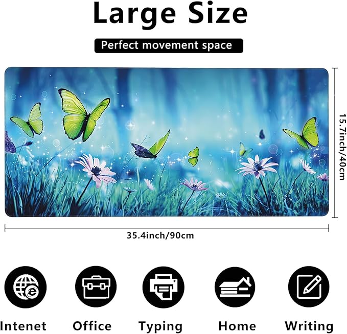 MIOAOSRT Desk Mat,Butterflies in Mystic Forest Large Gaming Mouse Pad with Stitched Edges,Non-Slip Computer Mouse Pad for Desk,Extended XXL Keyboard and Mouse Pad 35.4x15.75 in