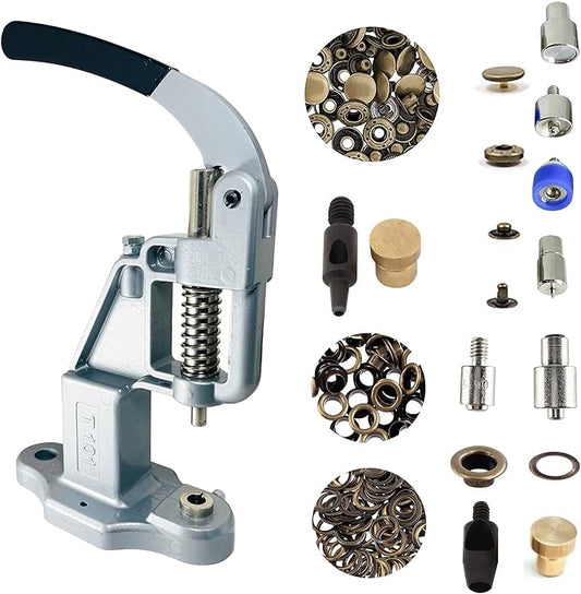 Hobby Trendy Hand Press with Rust Free Steel 50 Sets Ln24 15mm Fashion Spring Glove Snaps and 50 Sets Brass 8 mm (Nr5) Eyelets, Matching Dies and Hole Punches (Bronze Supplies, Silver Gray Press)