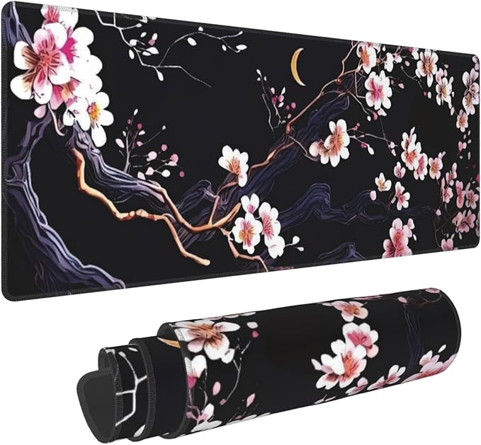 Plum Blossom and Moon Large Mouse Pad, Japanese Flowers Gaming Desk Mat, XL Keyboard Desk Pad Mat for Desktop, 31.5"x11.8" Non-Slip Base Big Mousepad with Stitched Edges