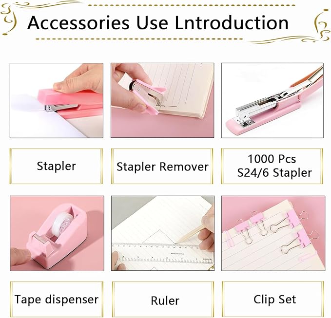 Office Supplies Set,Desk Accessories,Stapler and Tape Dispenser Set,1000 Staples,Staple Remover,Hinder Clips,Ruler,Scissor,Clear Tape,Ballpoint Pen,Sticky Notes,Gifts for Colleagues(Pink)