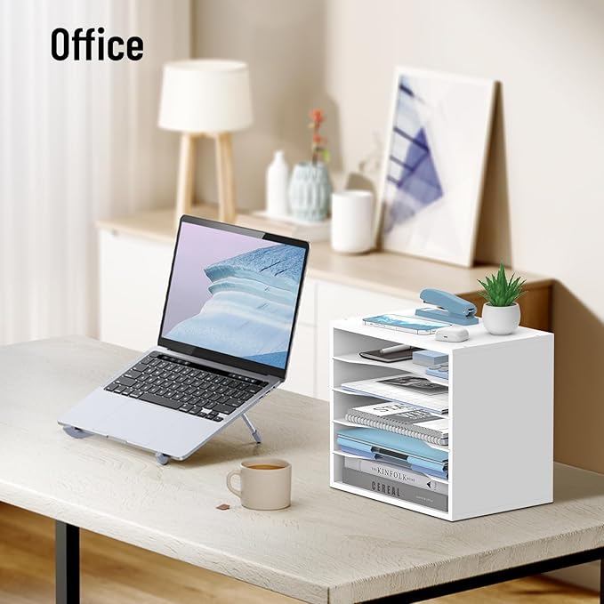 5-Tier Wood Desk Organizer, Paper Tray Organizer for Desk with Adjustable Storage Shelves, Desktop Paper Sorter Mail Holder for Office Home Classroom, White