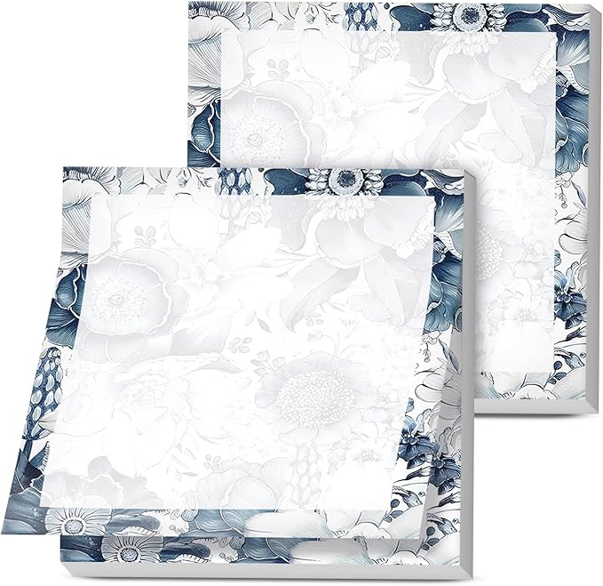 Sticky Notes, 2 Pads, 3x3 inches, Cute Colorful Fun Self-Stick Note Pads, Easy Post, Strong Adhesive Notepad Navy Blue Vintage Floral