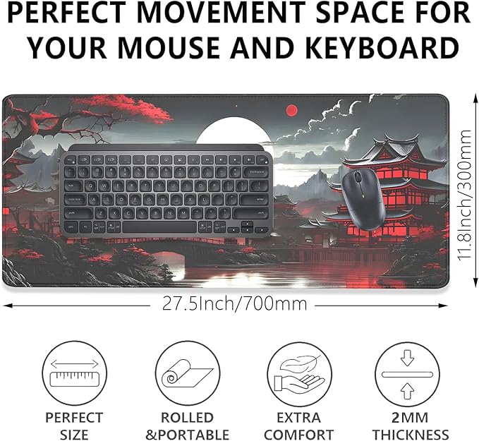 Japanese Riverside Full Moon Desk Pad Mouse Pad,Extended Large Gaming Mouse Mat with Stitched Edges,Non-Slip Waterproof Rubber Base Mousepad for Office Work Home Desk Mat(27.5X11.8 in)