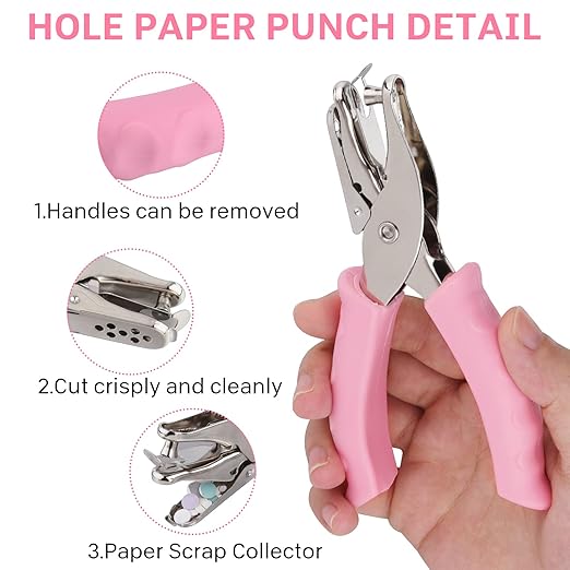 NEBURORA Hole Punch, Pink Single Hole Puncher Metal with Soft-Handled for DIY Craft Tags Clothing Ticket Scrapbook Tool, 3 Colors Options