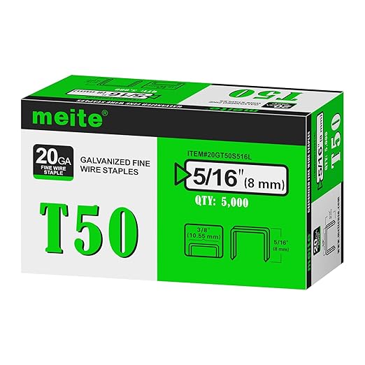 meite T50 Staples, 5/16 Inch Length Heavy Duty Staples for Staple Gun, Galvanized, 20 Gauge 3/8 Inch Crown, Compatible with T50 Staple Gun, Ideal for Upholstery, Construction, Furniture (5,000 Counts)