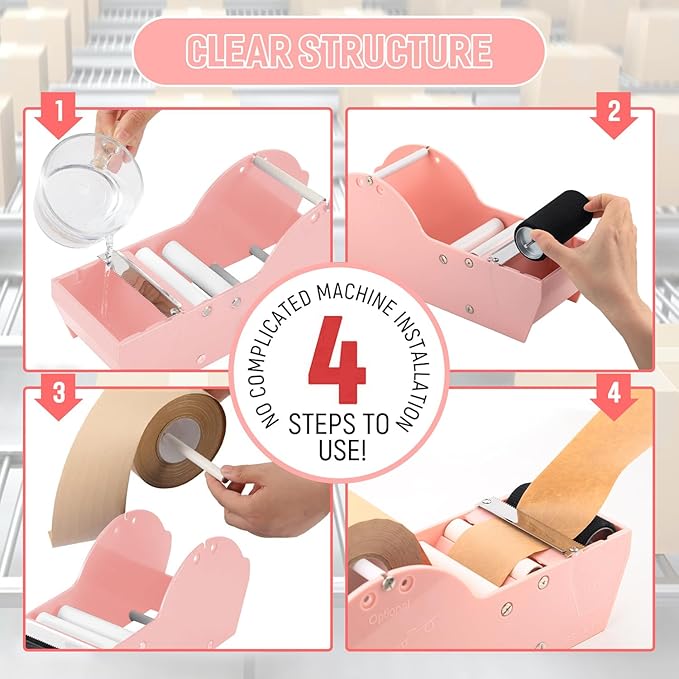 Water-Activated Tape Dispenser, Manual Kraft Gum Tape Dispenser, Width Adjustable 1.18-3.15", Light Weight & Portable Packing Tape Dispenser Set, Light Pink