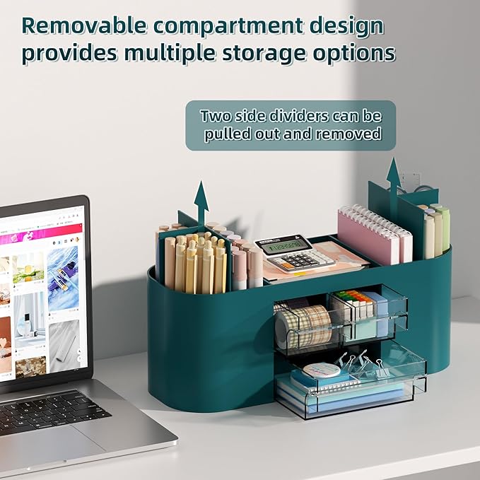 Marbrasse Pen Holder for Desk with 3 Drawers, Multi-Functional Pencil Holder, Desk Organizers and Accessories with 7 Compartments for Home, School, Classroom (Dark Green)