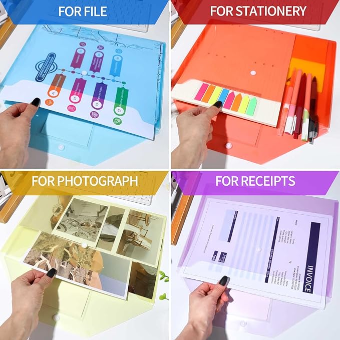 LEOBRO Plastic File Folders with Pocket, 24PCS Plastic Envelopes with Snap Closure, Folders for Documents, Reusable File Bags, A4 Size