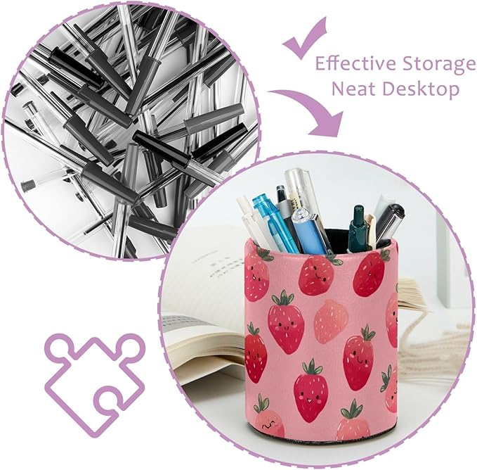 Leather Pen Holder for Desk Strawberry Cute Print Pencil Cup Desktop Organizer Makeup Brush Holders Office Supplies for Home, Kids & School