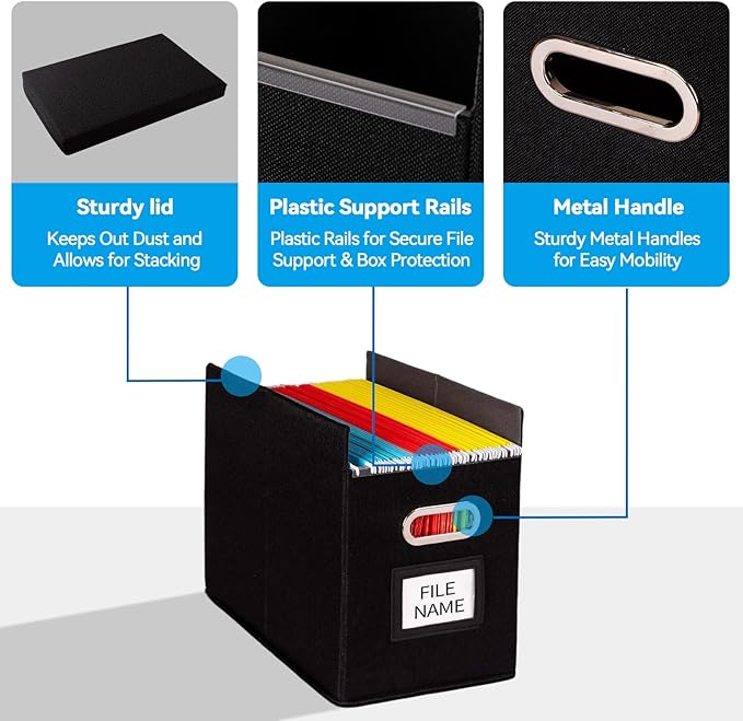 4 Pack Hanging File Folders Organizer with Lid, Letter Size Fabric File Storage Box Collapsible, Portable Office Document Holder with Metal Handle, Smooth PVC Rails, Black