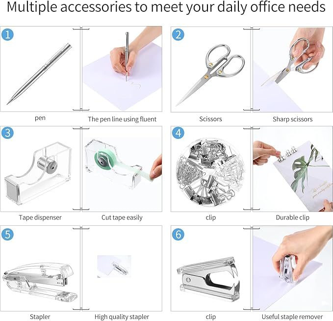 Office Supplies Set Desk Accessory Kit, Acrylic Stapler Set Staple Remover, Tape Dispenser, Binder Clips, Paper Clips, Ballpoint Pen and Scissor with 1000 Pieces 26/6 Staples (Silver)