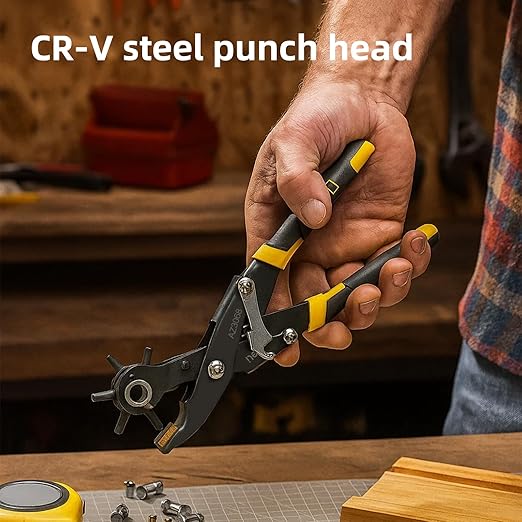 Deli 10" Leather Hole Punch Tool – Heavy Duty Rotary Belt Hole Puncher & Leather Punch Tool for Belts, Straps, Watch Bands, Dog Collars, Shoes, DIY Crafts